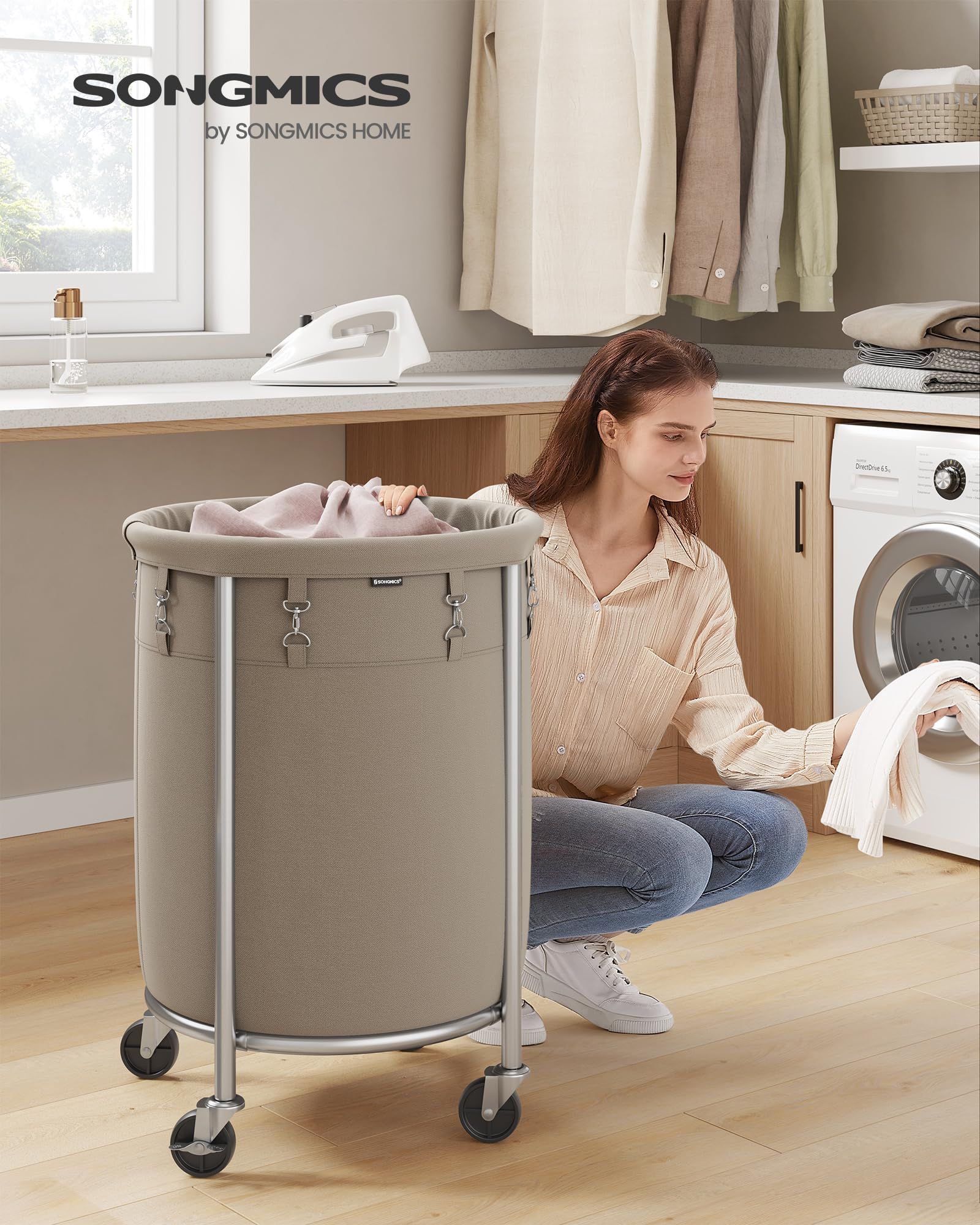 SONGMICS Laundry Basket, Rolling Steel Frame with 2 Locking Wheels, 110 L