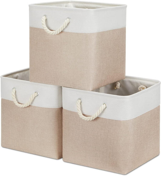 Bidtakay Fabric Storage Baskets for Organizing Beige 13 Inch Collapsible Square Baskets 3 Pack