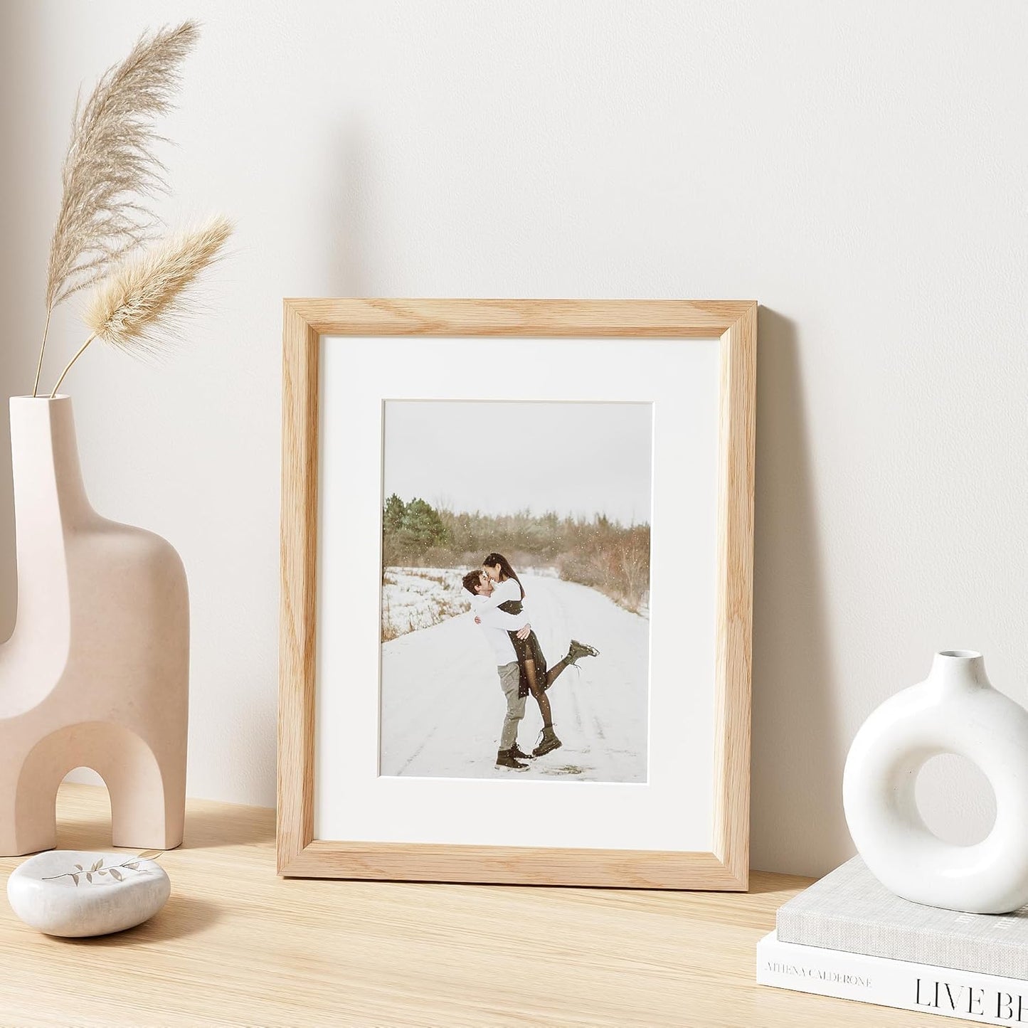 8x10 Picture Frame Set of 4 Natural Solid Oak Photo Frames with 5x7 Removable Mat Wall Hanging