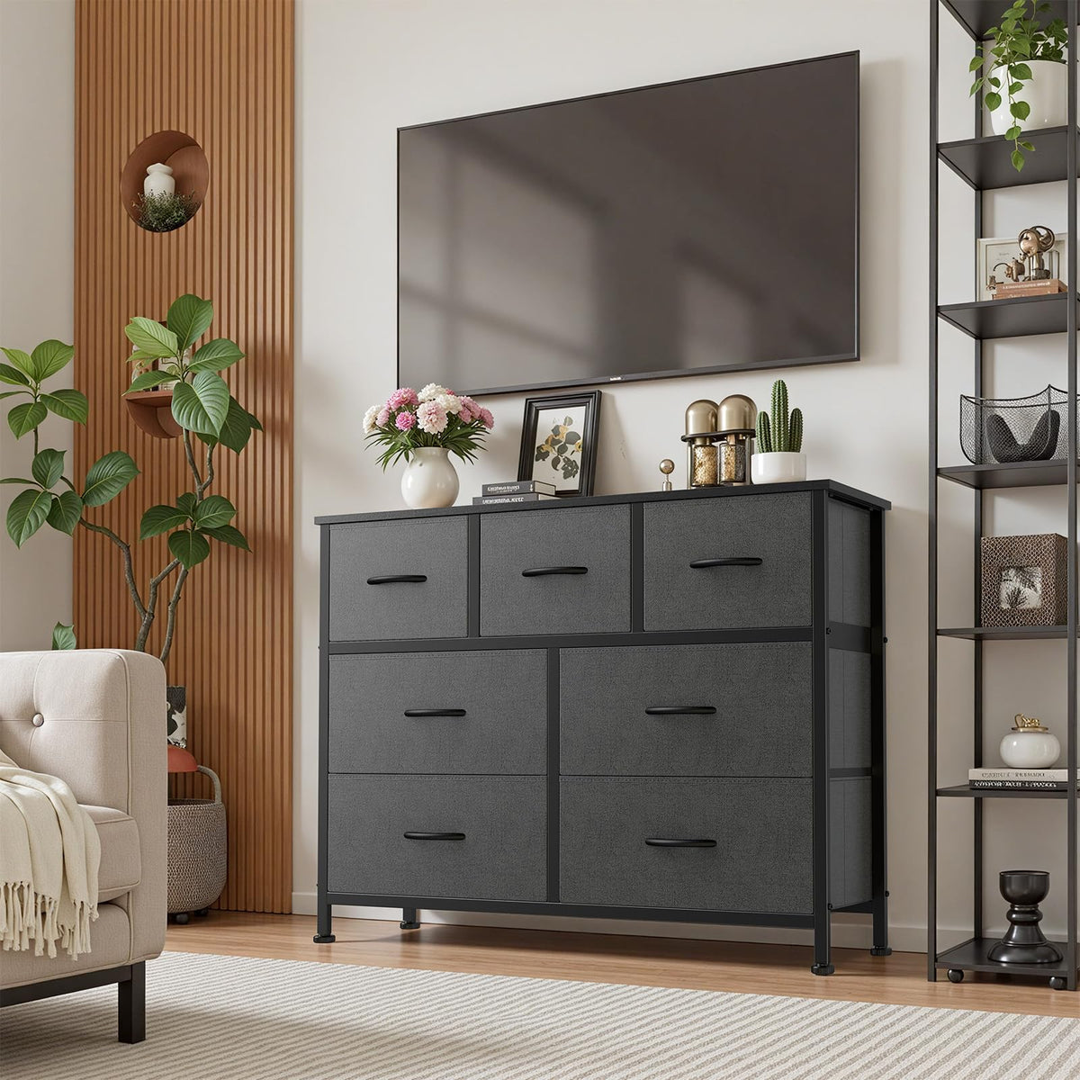 Sweetcrispy 7 Drawer Dresser for Bedroom Storage with Fabric Bins, Gray