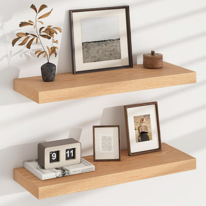 Floating Shelves for Wall, USA-Sourced Oak Wood 24 Inch Wall Shelves Set of 2, Natural Wooden Wall