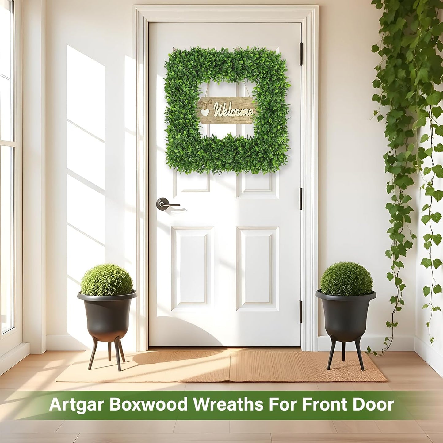 Artgar 22Inch Boxwood Wreath, Spring Wreaths for Front Door, Realistic Green Square Boxwood Wreath