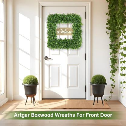 Artgar 22Inch Boxwood Wreath, Spring Wreaths for Front Door, Realistic Green Square Boxwood Wreath