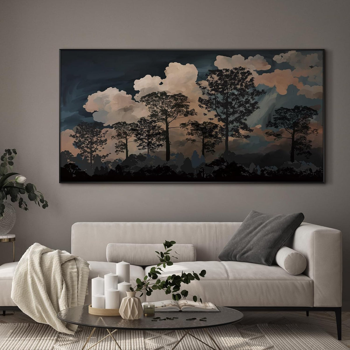 SIGNWIN 24"x46" Extra Large Framed Wall Art Silhouetted Trees at Dusk, Dramatic Forest and