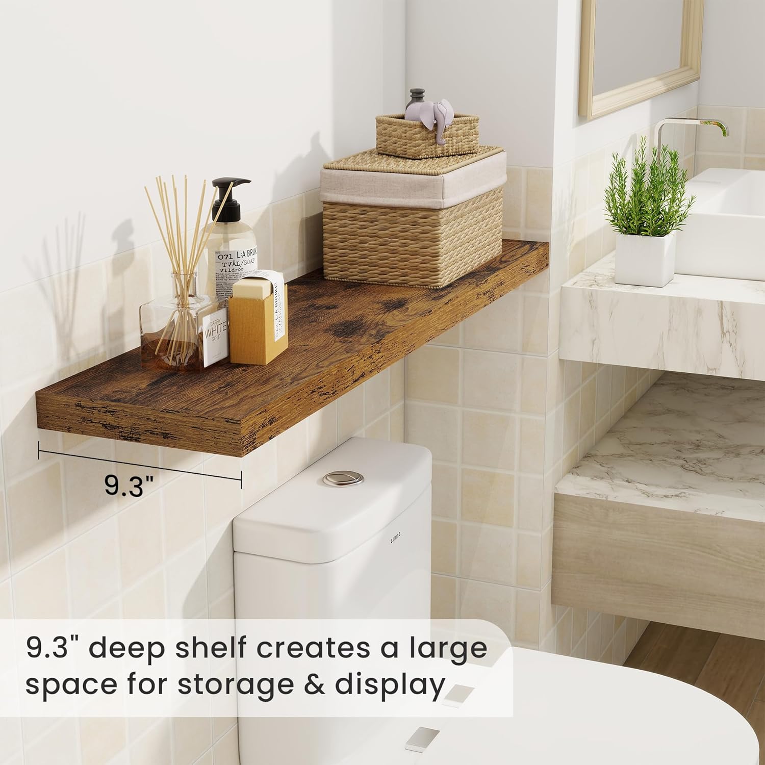 Fun Memories 40" Rustic Wood Floating Shelves with Invisible Brackets for Storage & Decor, Deep
