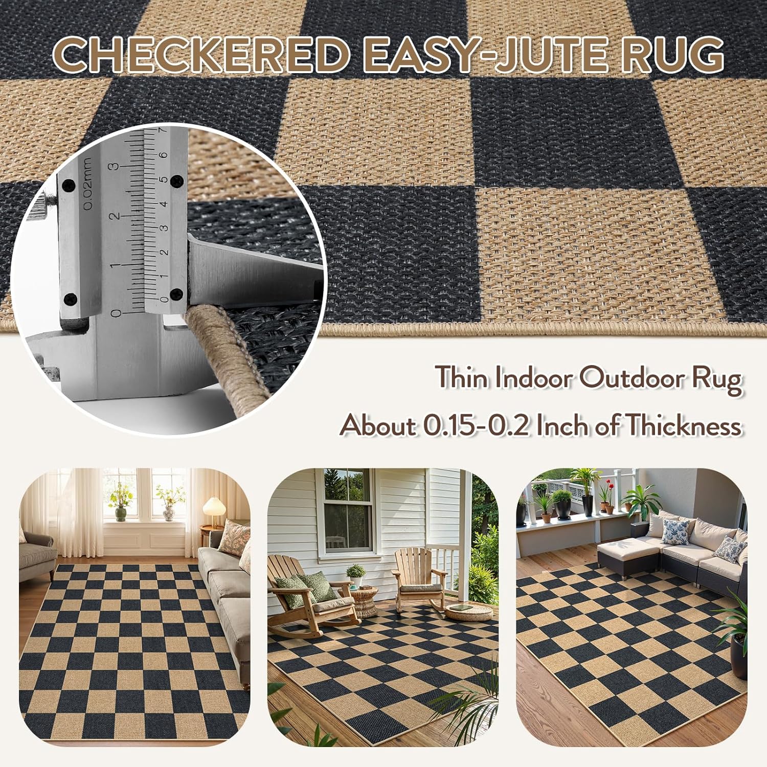 Lahome Checkered Easy Jute Area Rug, 5x7 Outdoor Patio Rug Washable Carpet for Living Room