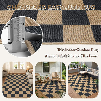 Lahome Checkered Easy Jute Area Rug, 5x7 Outdoor Patio Rug Washable Carpet for Living Room