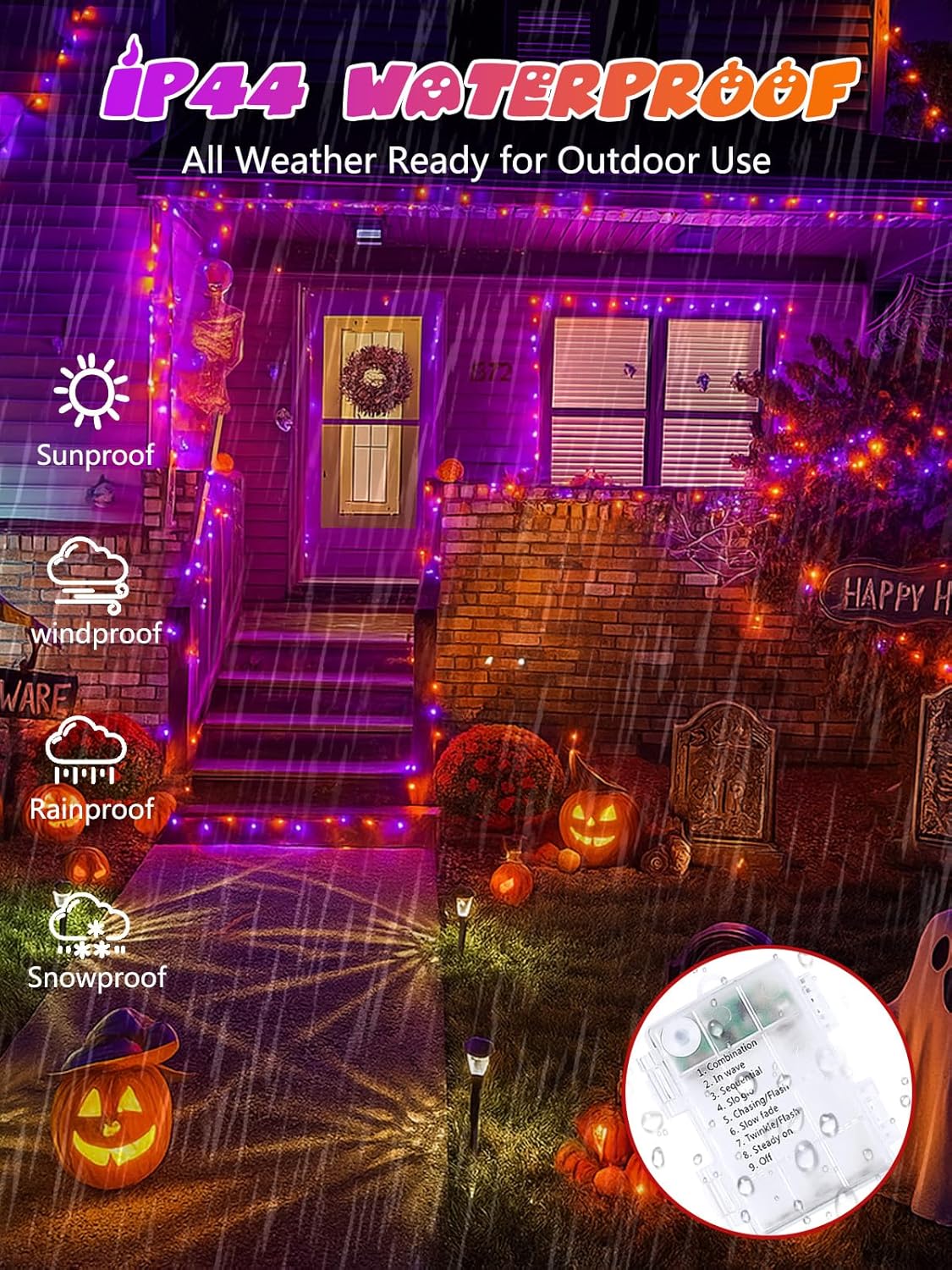 2 Pack Halloween String Lights Battery Operated with Timer, 66FT 200 LED Waterproof Orange and