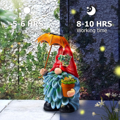Solar Outdoor Statues Gnome Garden Decor, Garden Gnome with Solar LED Umbrella Decorative for