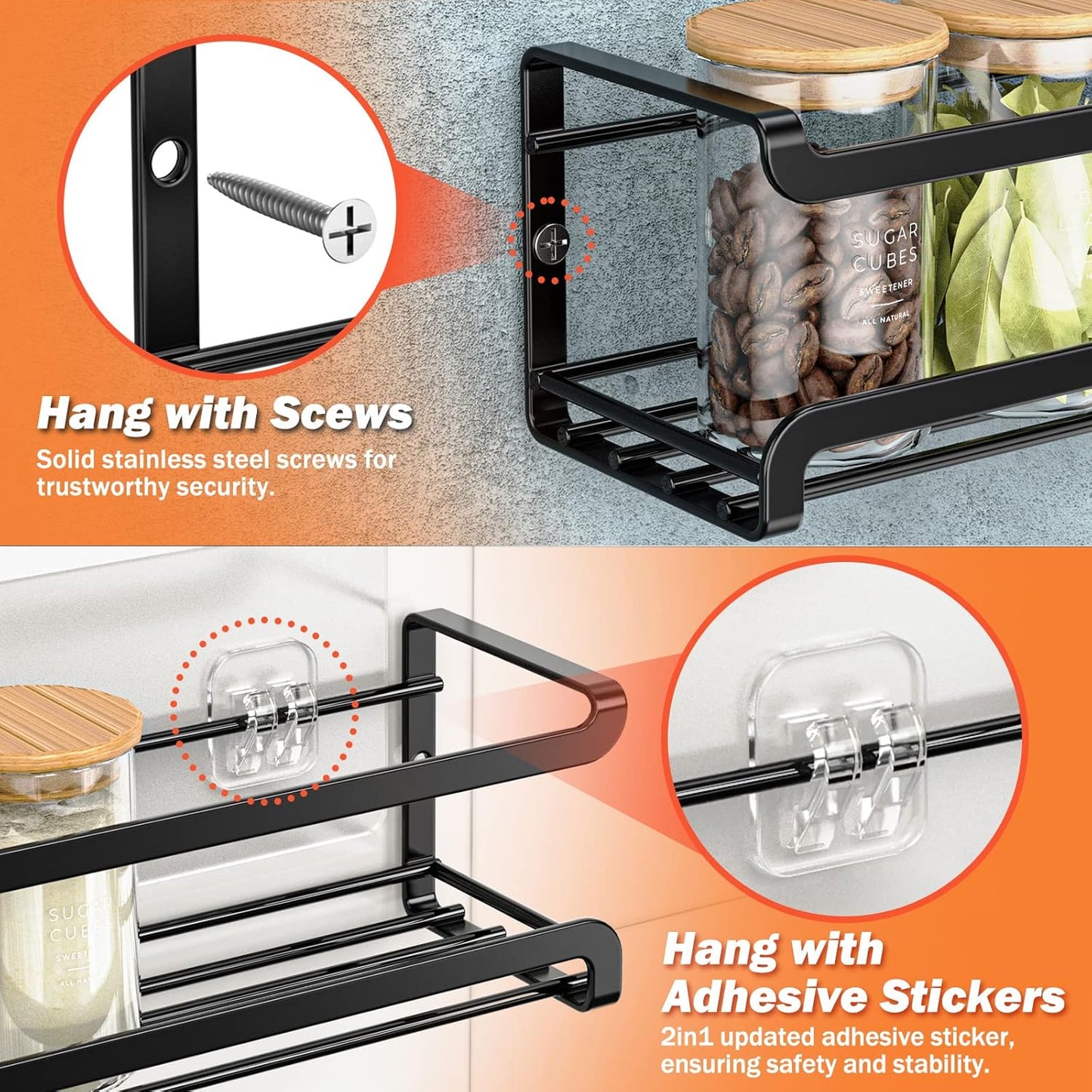 Spice Rack wall mounted 2 Pack, Space-Saving Spice Organizer for Spice Jars and Seasonings,Screw or