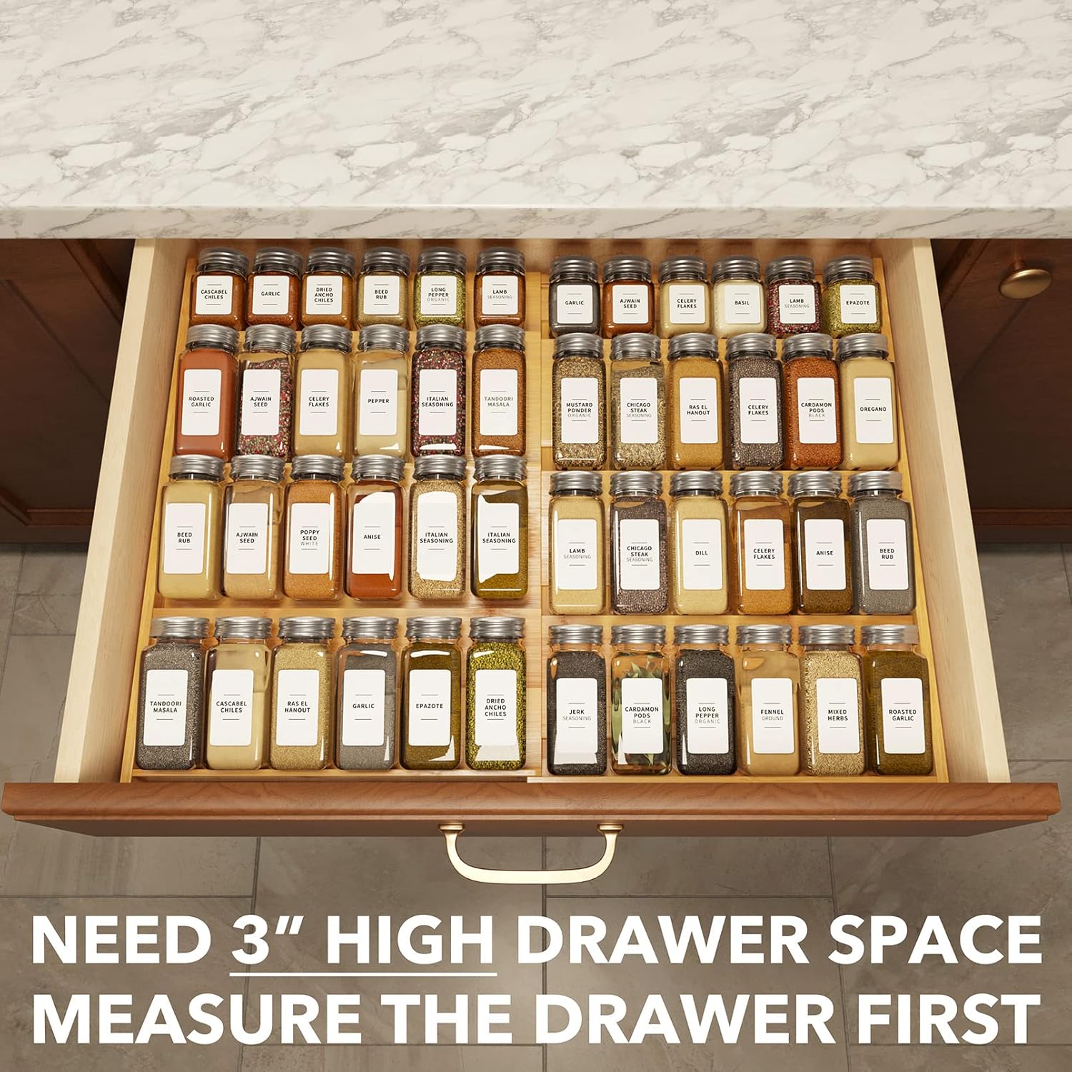 SpaceAid Bamboo Spice Drawer Organizer, (Need 3" Deep Drawer) Expandable 4 Tier Spices Rack for