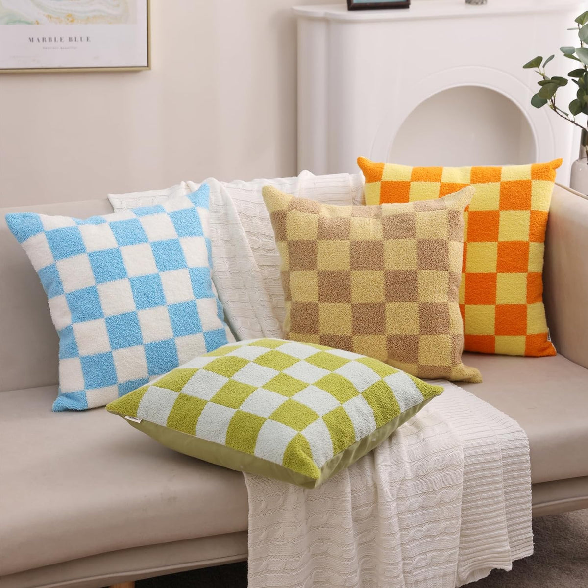 Alysheer Checkered Embroidered Decorative Throw Pillow Covers 18"x 18" Set of 2, Farmhouse Boho