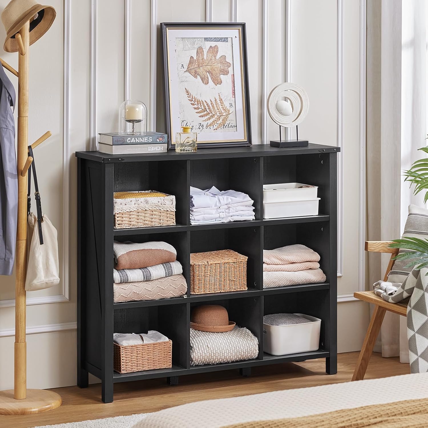 9 Cube Bookcase, Farmhouse 47 Inch Wide Black Bookshelf, Wooden 3 Tier Display Large Open Book