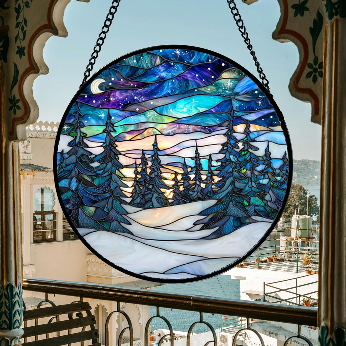 Stained Glass Window Hanging, Starry Sky Trees and Snow Sun Catchers Glass Panel Blue Suncatcher