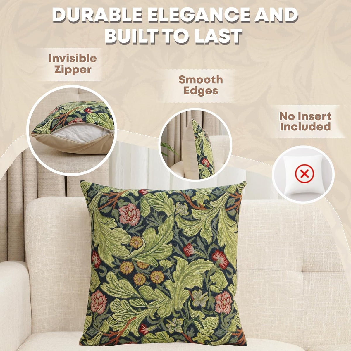 Charlotte Home Furnishings Throw Pillow Covers 16x16 in, Green Leicester Decorative Couch Pillow