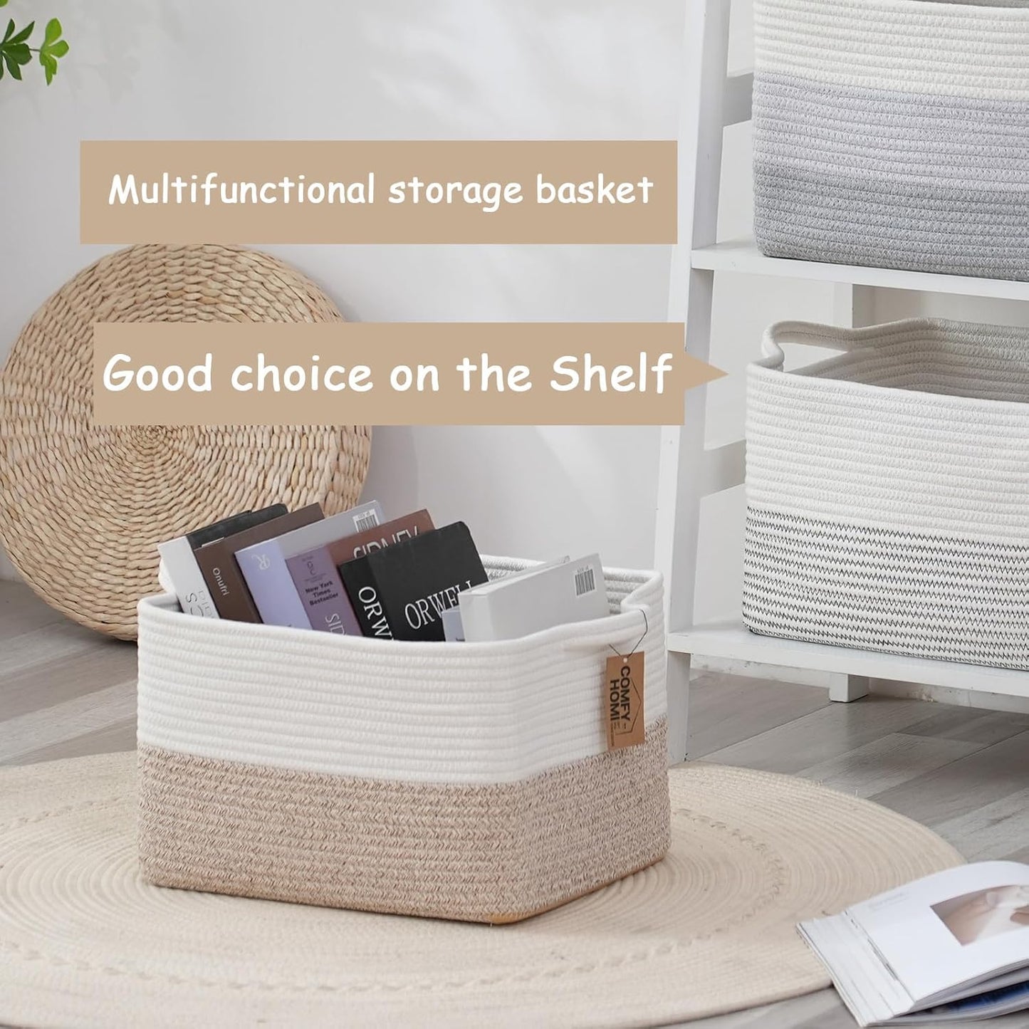 COMFY-HOMI Cotton Rope Woven Basket with Handles for Shelves,Toys,Book, Cloth Storage Baskets for