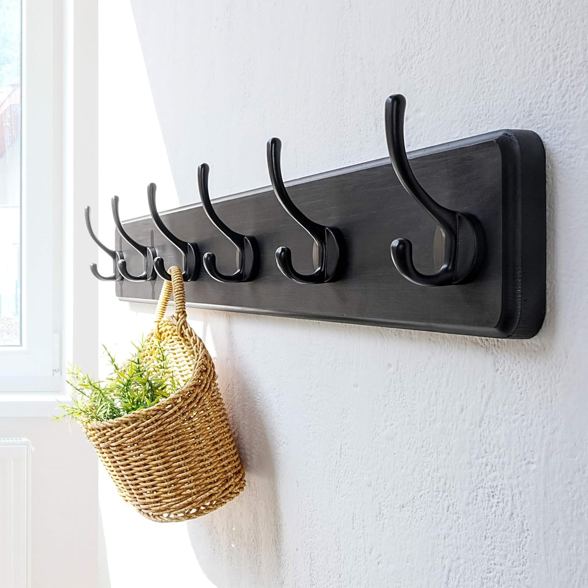 Dseap Wall Mounted Coat Rack: 24" Long, Patented, Heavy-Duty, 6-Double-Hooks Wooden Hanger Rail for