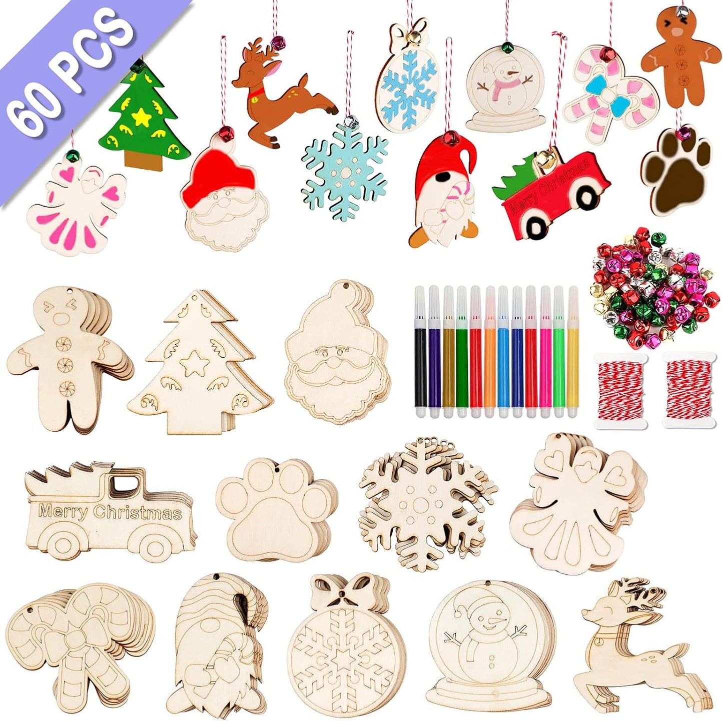 GUDELAK 60PCS DIY Wooden Christmas Ornaments, 12 Styles Christmas Crafts for Kids Adults with