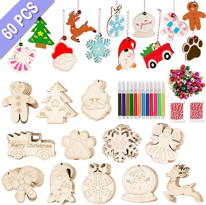 GUDELAK 60PCS DIY Wooden Christmas Ornaments, 12 Styles Christmas Crafts for Kids Adults with