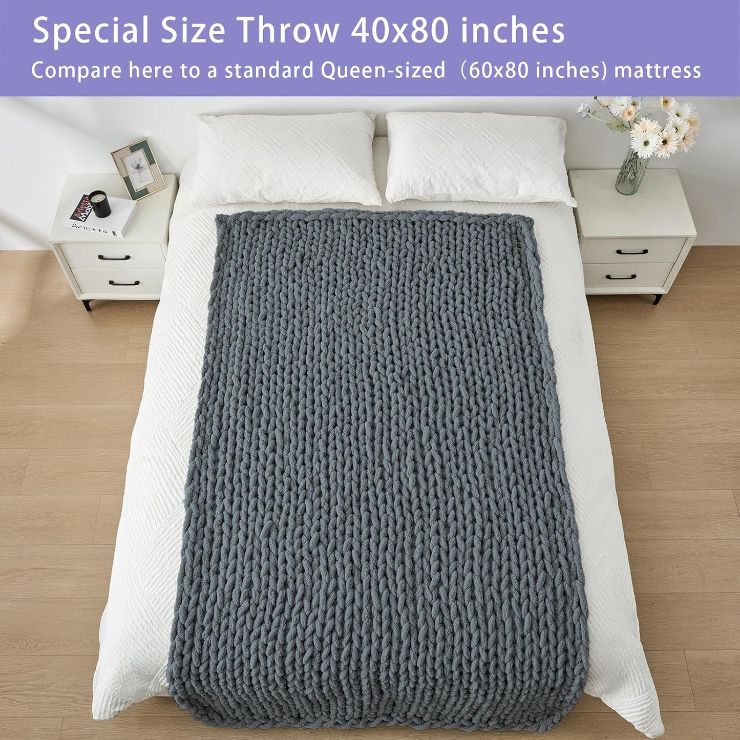 Bigacogo Chunky Knit Throw Blanket for Couch, 40x80 inches, 100% Hand Knitted with Thick Jumbo