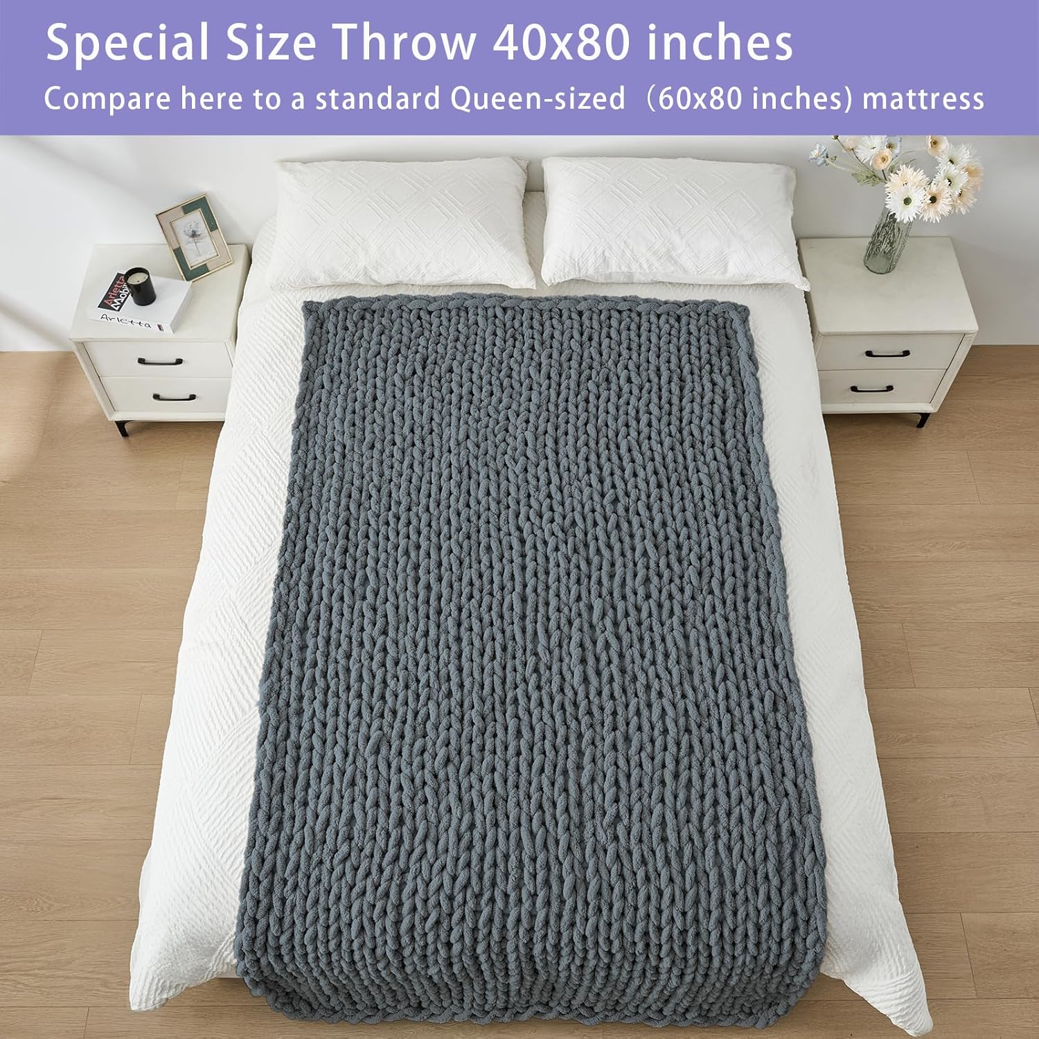 Bigacogo Chunky Knit Throw Blanket for Couch, 40x80 inches, 100% Hand Knitted with Thick Jumbo