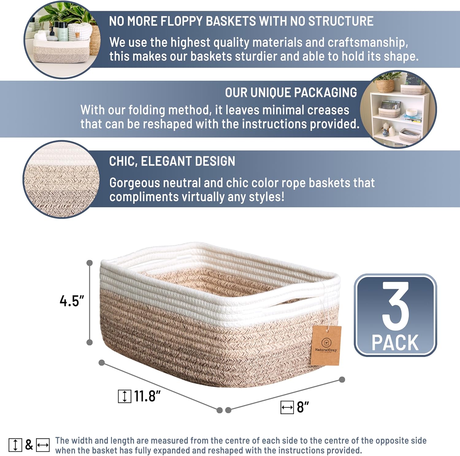 NaturalCozy 11.8"x8"x4.5” Storage Baskets for Shelves 3 Pack | Cotton Rope Woven Small Baskets for