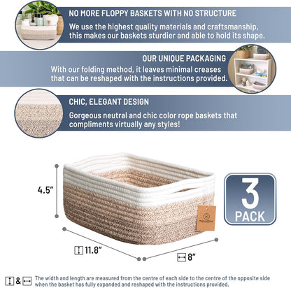 NaturalCozy 11.8"x8"x4.5” Storage Baskets for Shelves 3 Pack | Cotton Rope Woven Small Baskets for