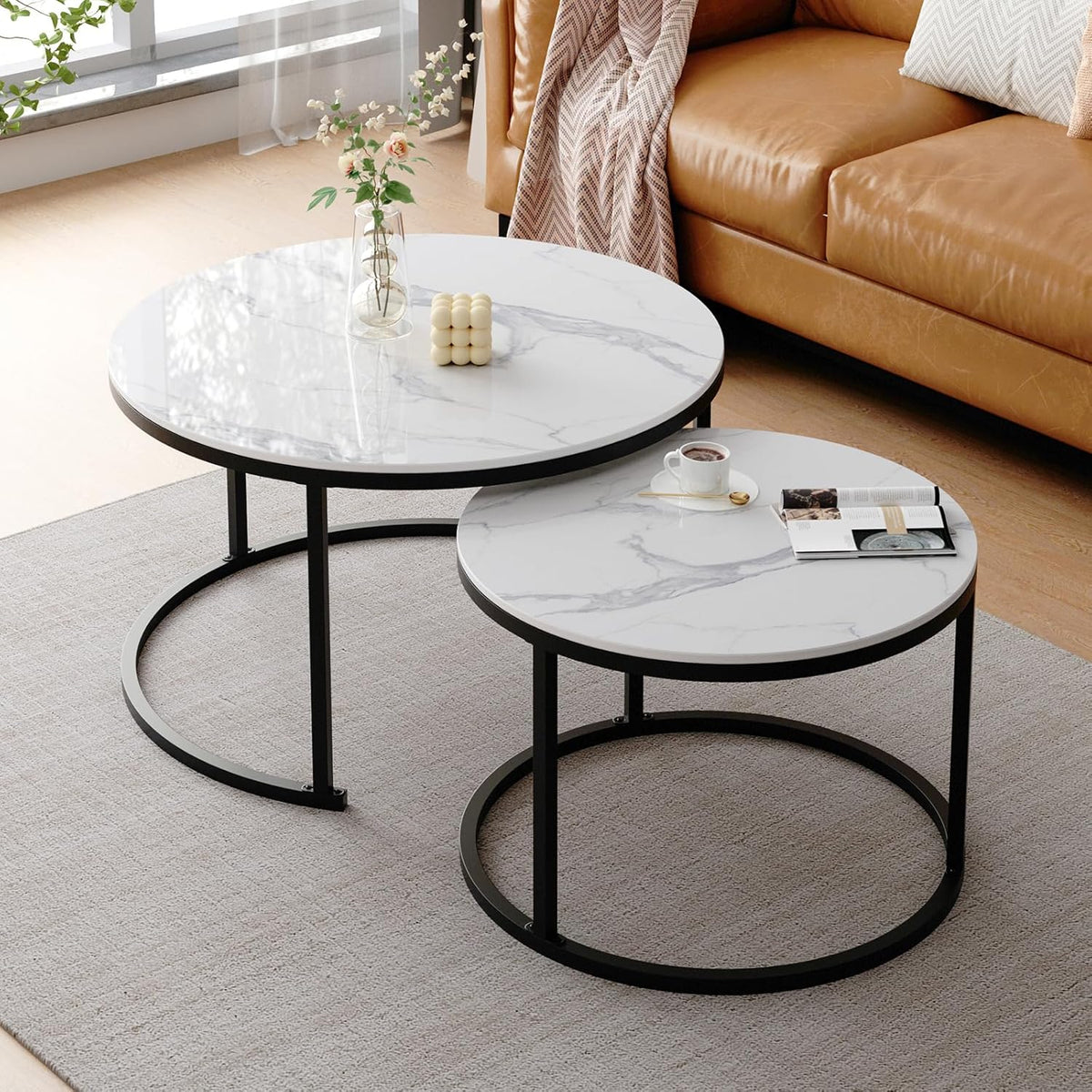 ZL ZELing White Nesting Coffee Table Set of 2, 27'' Round Coffee Table Sintered Stone Top & Metal