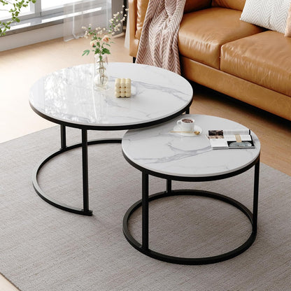 ZL ZELing White Nesting Coffee Table Set of 2, 27'' Round Coffee Table Sintered Stone Top & Metal