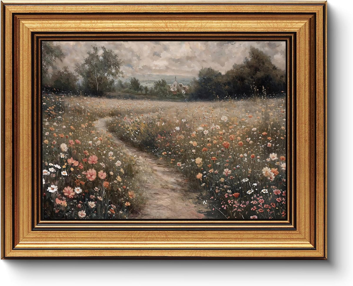 HUARCEY Gold Framed Vintage Wall Art for Living Room, Flowers Painting Prints Shelf Decor for