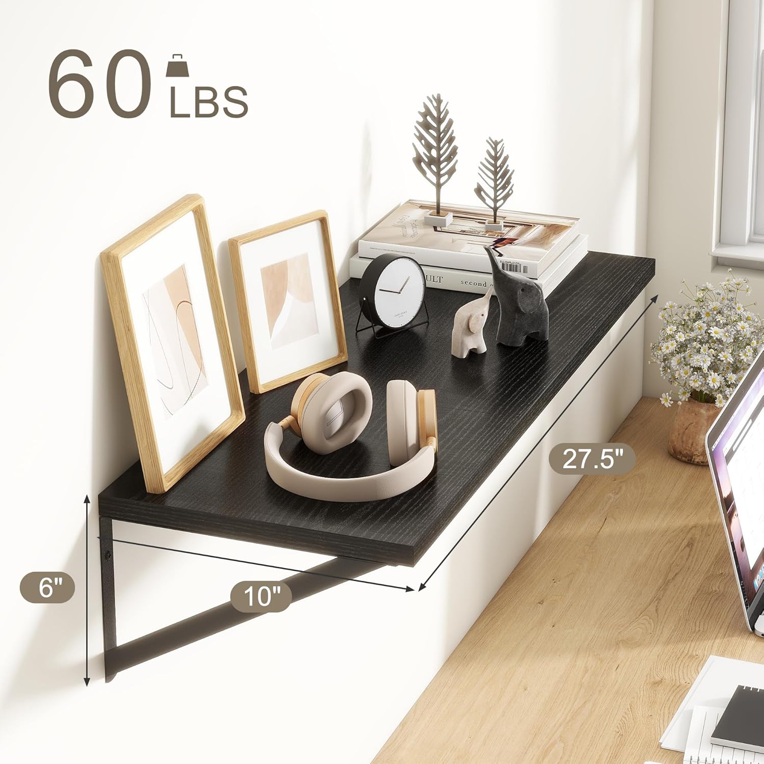 Fun Memories 27.5" W x10 D Floating Shelves, Black Wall Shelf with Brackets, 10 Inch Deep Floating