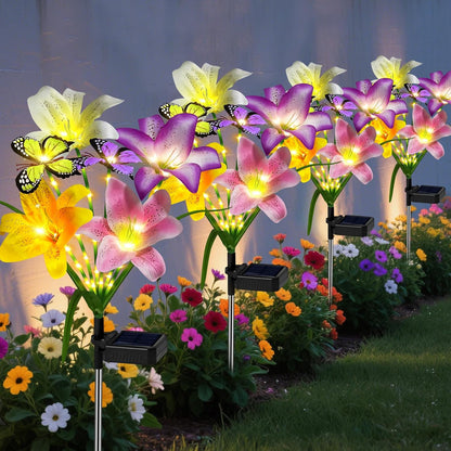 Solar Garden Lights Outdoor, 4 Pack Flower Lights for Outside, 16 Solar Lilies with Butterflies
