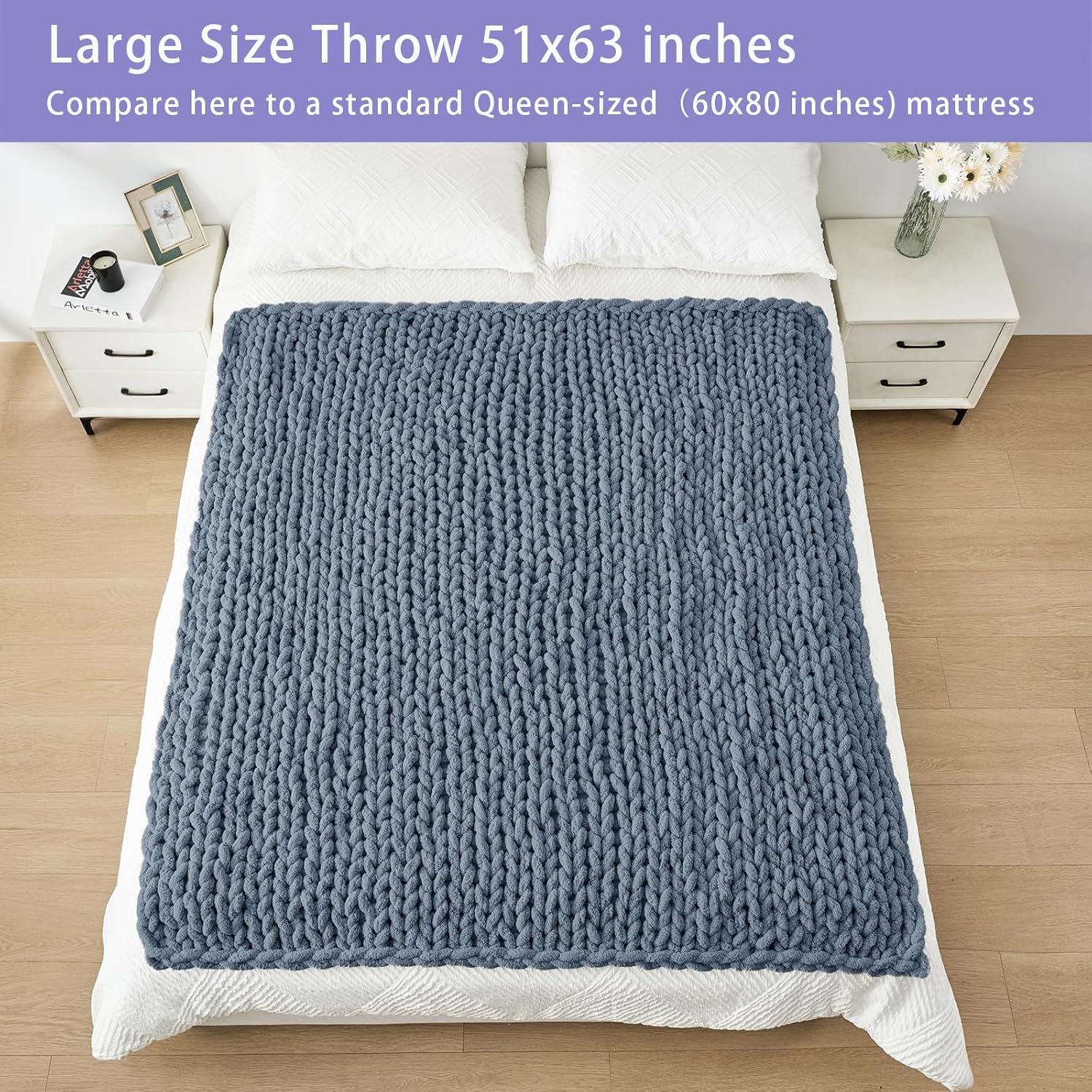Bigacogo Chunky Knit Throw Blanket for Couch, 51x63 inches, 100% Hand Knitted with Thick Jumbo