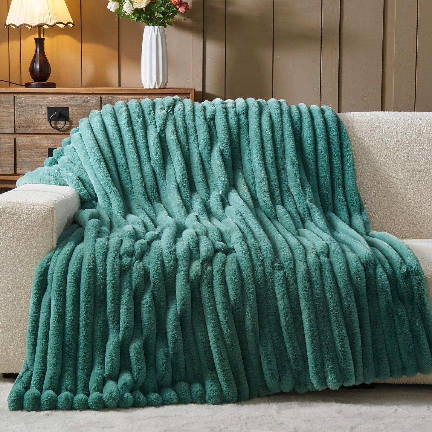 NEWCOSPLAY Faux Fur Throw Blanket Light Teal 3D Ribbed Plush Thick Warm Blanket for Couch Sofa Bed
