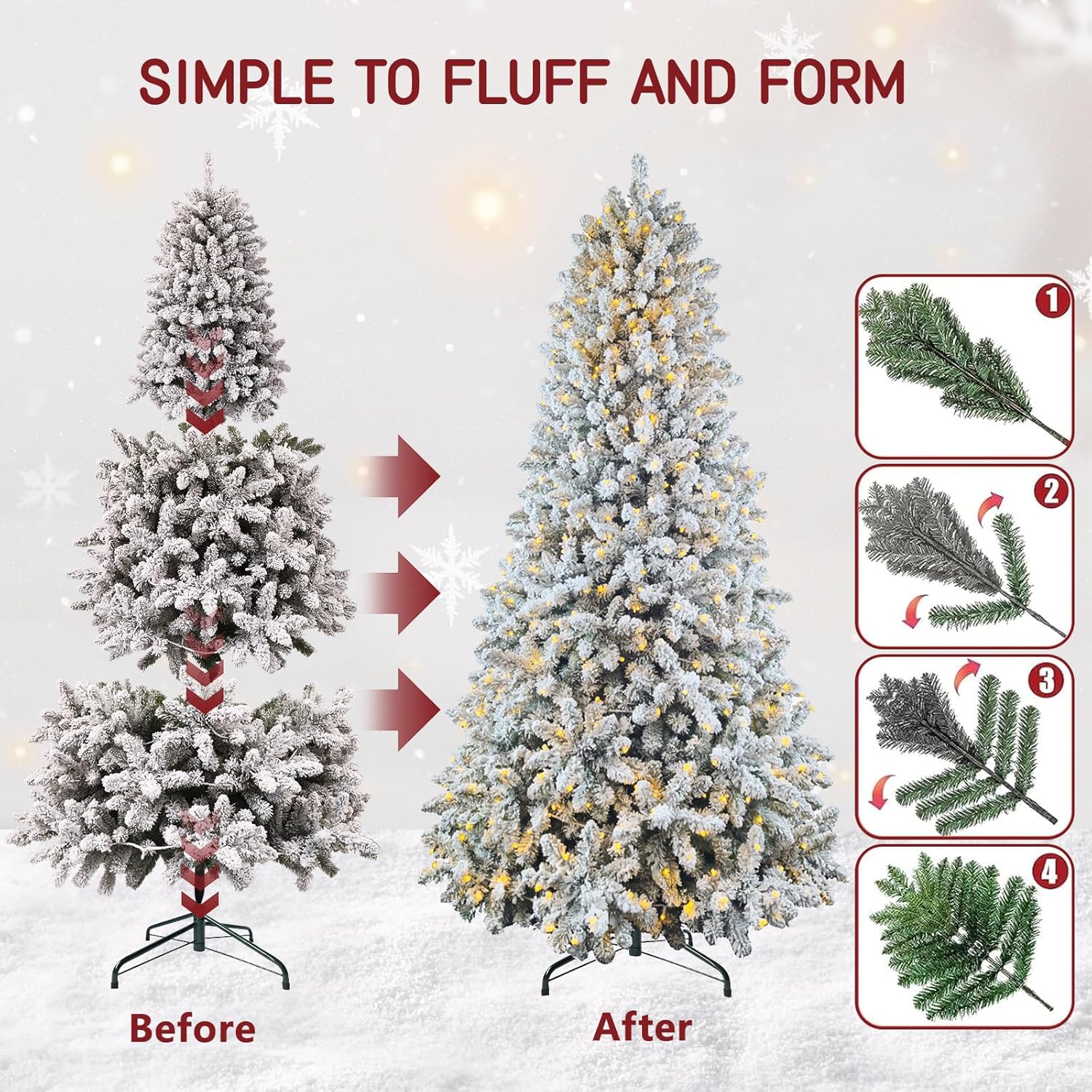 7.5ft Pre-lit Artificial Snow Flocked Christmas Tree with Quick Power Connect, 798 Warm White &