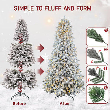7.5ft Pre-lit Artificial Snow Flocked Christmas Tree with Quick Power Connect, 798 Warm White &