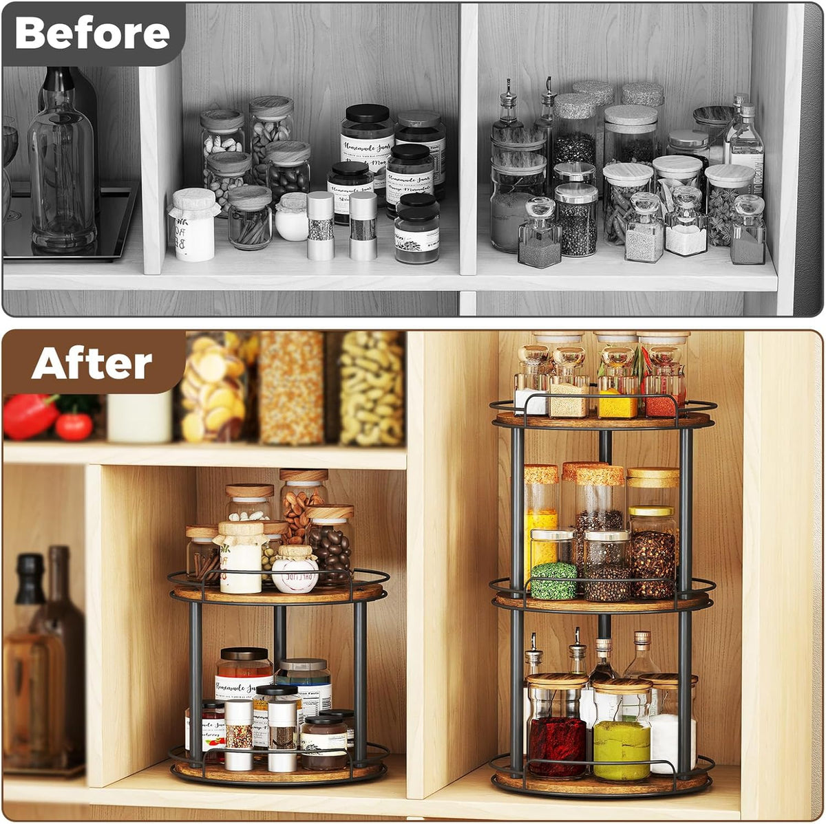 LAMU 10.2'' Wood Lazy Susan Turntable Organizer for Cabinet, 3 Tier Lazy Susan Spice Rack Organizer