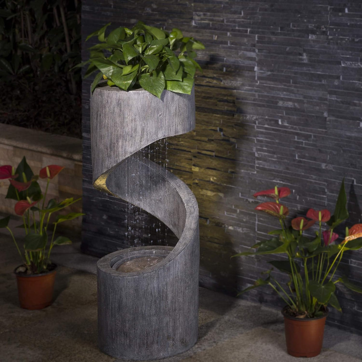 Glitzhome Tiered Outdoor Water Fountain with LED Light, Curved Outdoor Fountain Waterfall with