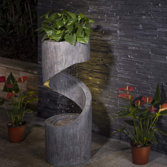 Glitzhome Tiered Outdoor Water Fountain with LED Light, Curved Outdoor Fountain Waterfall with