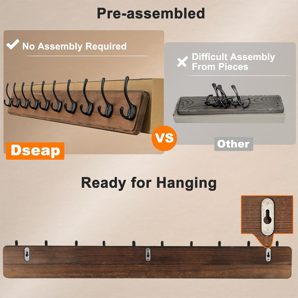 Dseap Coat Rack Wall: 38-1/4" Long, Patented, Heavy-Duty, 10-Double-Hooks Wooden Wall Mounted Coat
