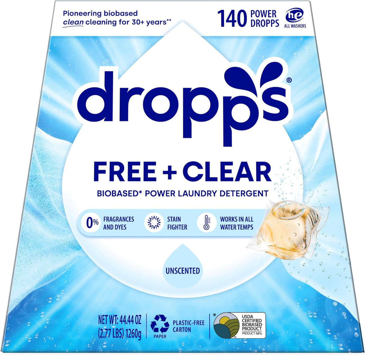 Dropps Free + Clear Biobased Power Laundry Detergent Pods, Unscented (140 Count) - HE Compatible