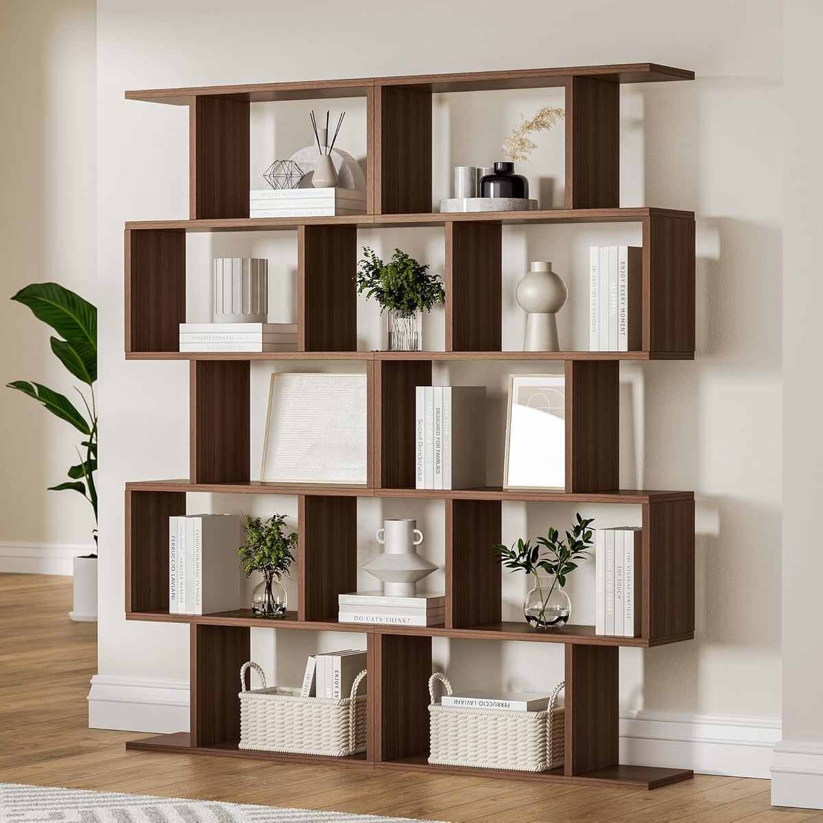 Brown 5-Tier Geometric Bookcase, S-Shaped Modern Bookshelf Set of 2, 62.6" Tall Room Divider Book