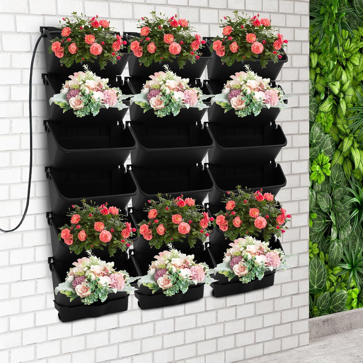 18 Pots Self-Watering Vertical Wall Planter, 39.4”L x 39.4”H Stackable Plastic Wall-Mounted Plant