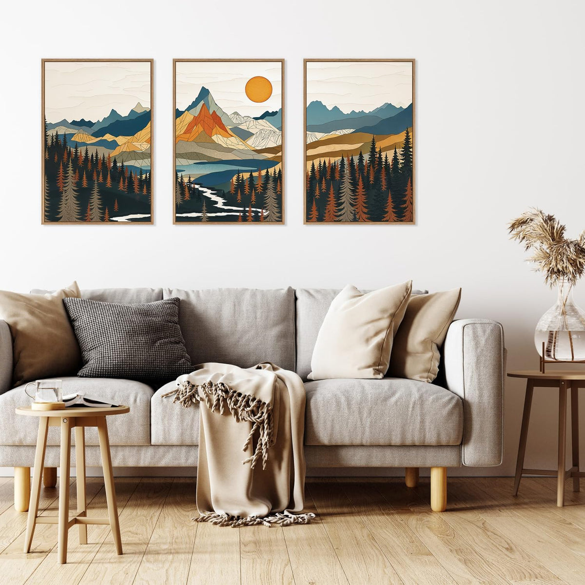 HLNIUC Large Sunset Mountain Framed Wall Art,Boho Forest Pine Tree Canvas Wall Decor Set of