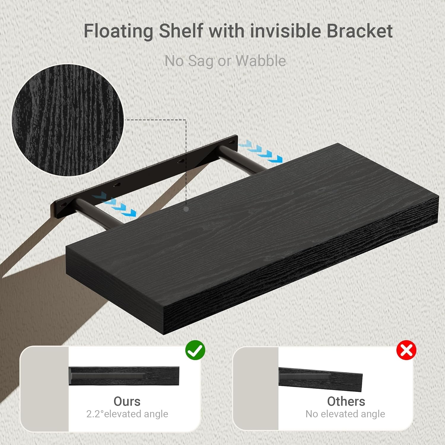 Black Floating Shelves for Wall, 16 inchs x 6.7” deep x 1.4” Wall Shelf for Bathroom Bedroom