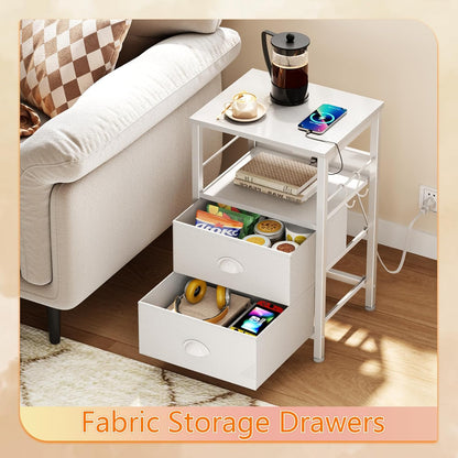 Furologee End Table with Charging Station, Nightstand with Fabric Drawers, Side Tables with USB