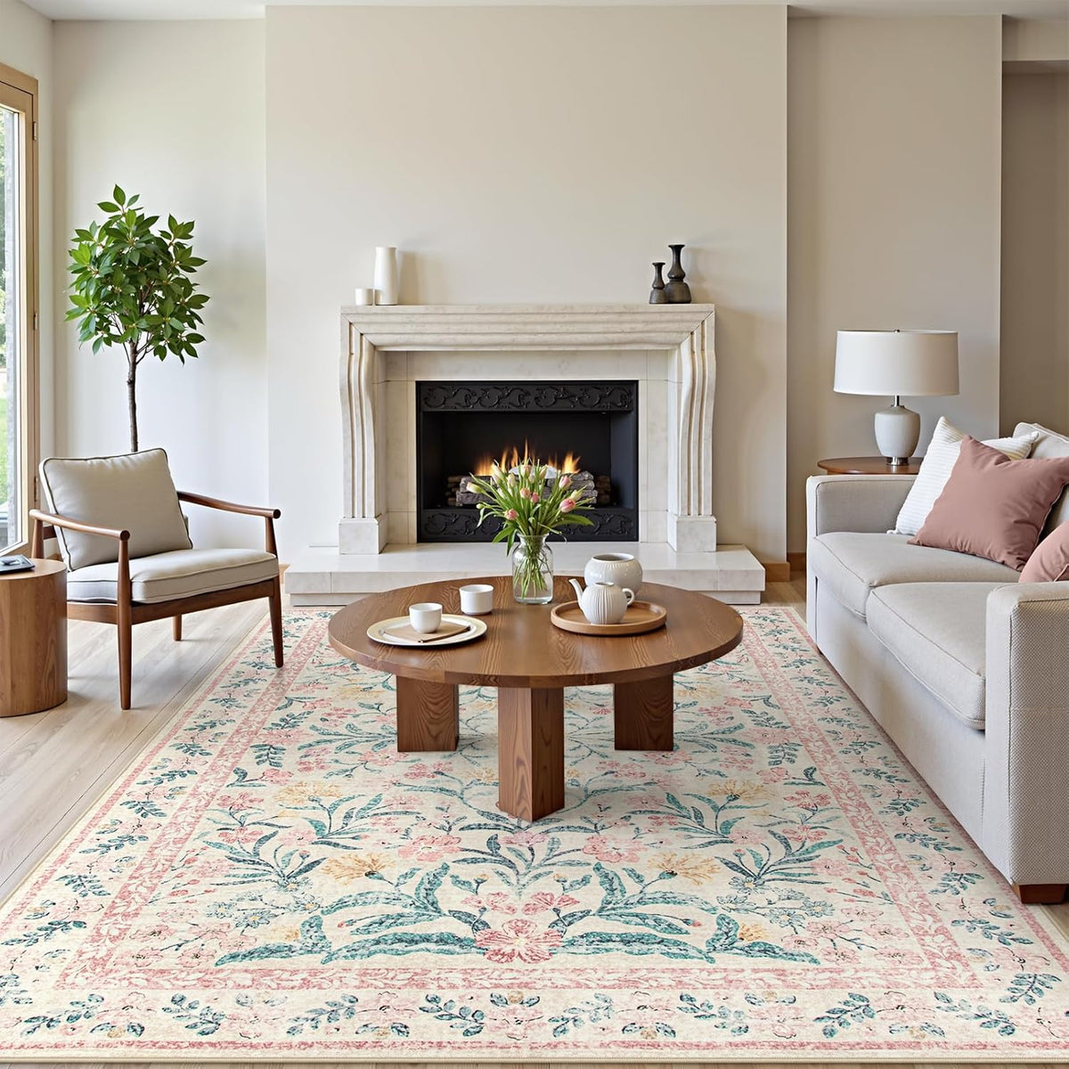 Wonnitar Floral Large Rugs for Living Room, Soft Light Pink Rug Washable 9x12 Carpet Non Slip, Boho