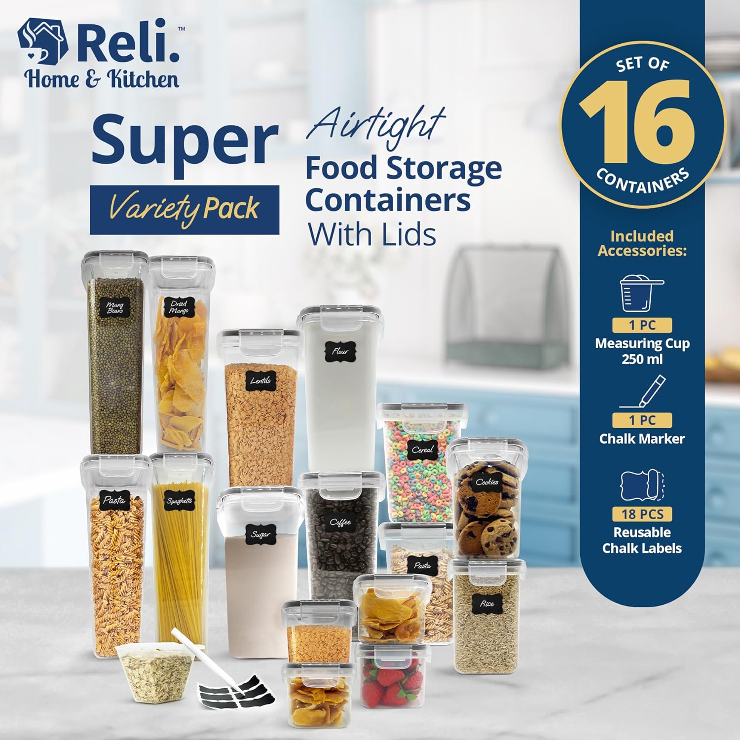 Reli. Airtight Food Storage Containers with Lids (16 Sets) | Kitchen Organizers and Storage Pantry