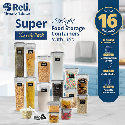 Reli. Airtight Food Storage Containers with Lids (16 Sets) | Kitchen Organizers and Storage Pantry