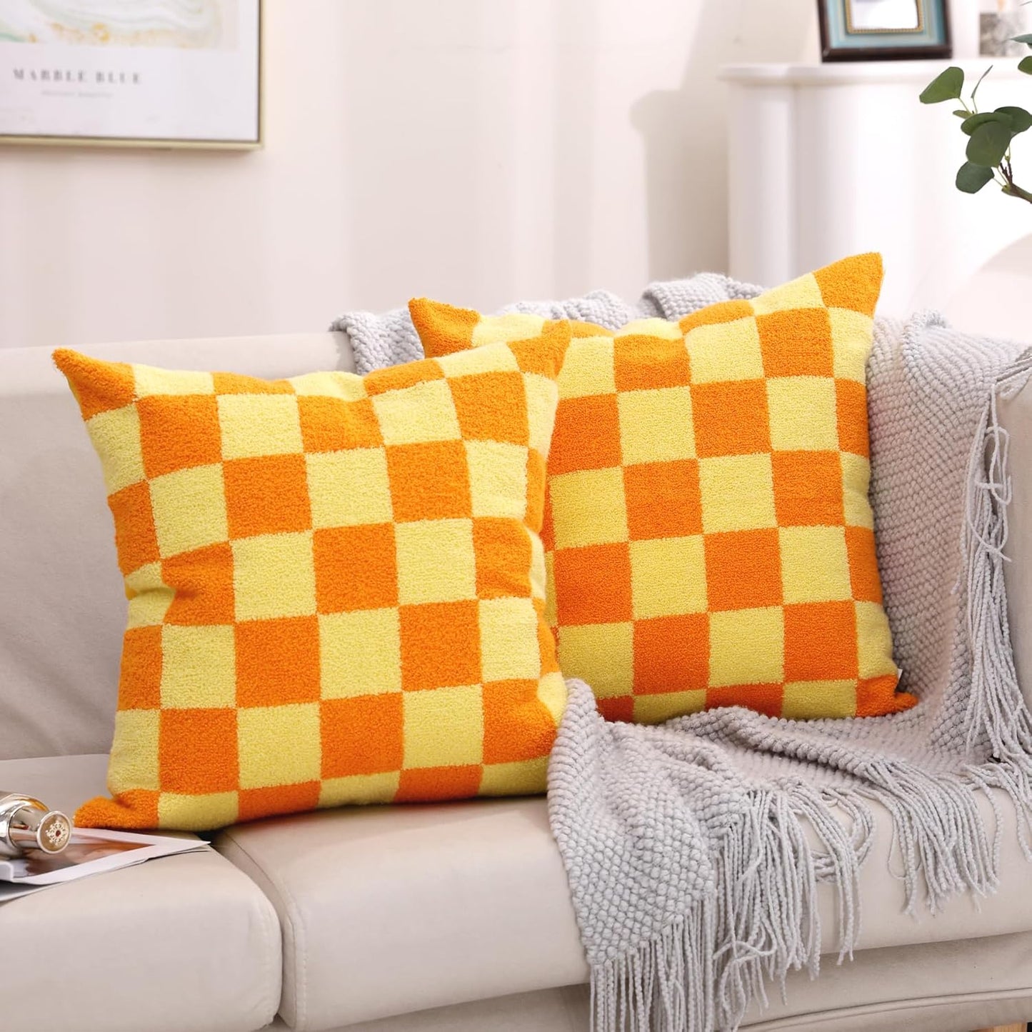 Alysheer Checkered Embroidered Decorative Throw Pillow Covers 18"x 18" Set of 2, Farmhouse Boho